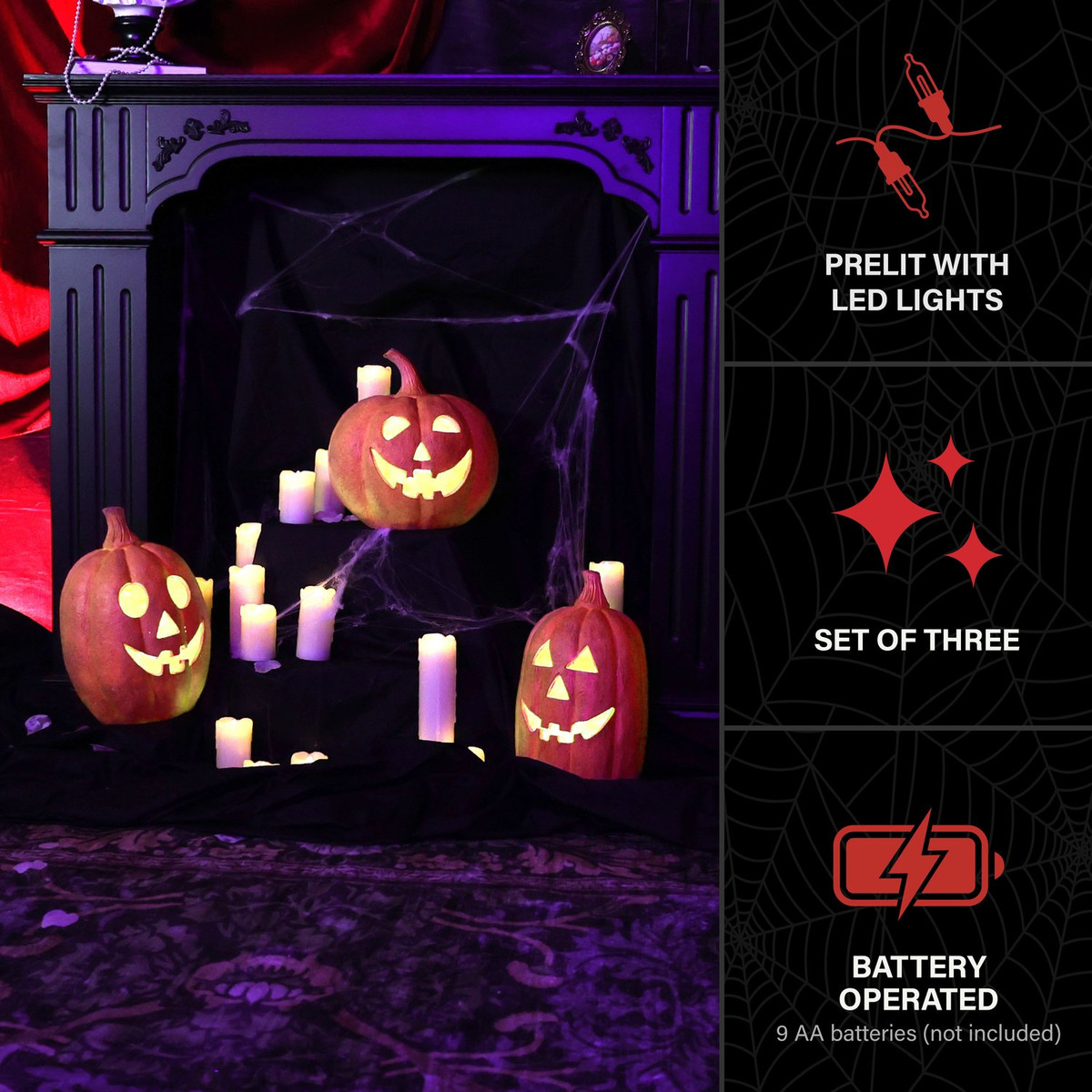 3-Piece Spooky Lighted LED Jack O Lantern Set, Battery Operated (9 AA)