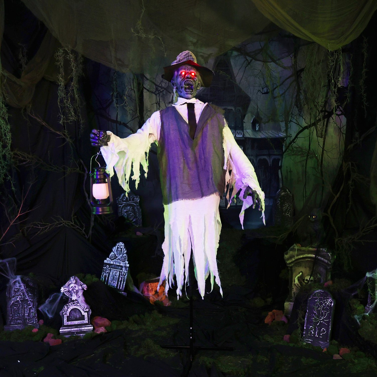 5.9-Ft. Animated Zombie Animatronic with Lantern - Haunted Hill Farm