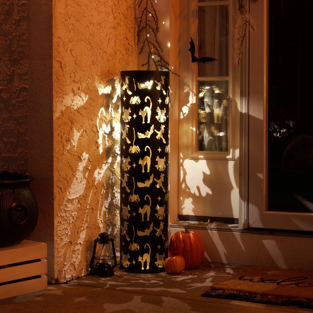 2.7-Ft. Decorative Metal Pillar Lantern with Cat & Ghost Cutouts, Battery Operated (3 AA)