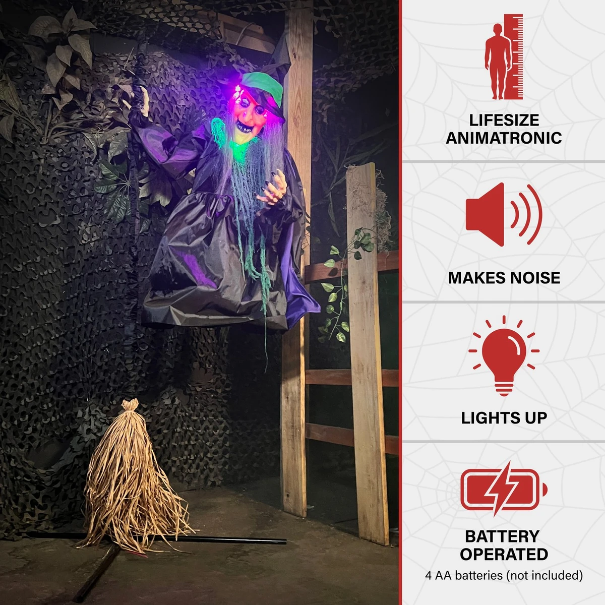 6-Ft. Touch-Activated Mounted Flying Witch Halloween Animatronic