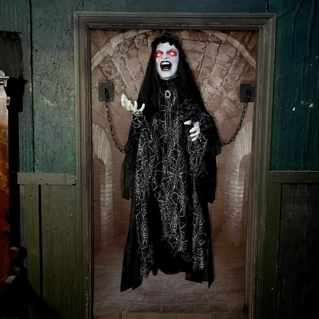4.3-Ft. Animatronic Demon Widow Door Greeter with Lights and Sound, Indoor/Covered Outdoor Halloween Decoration