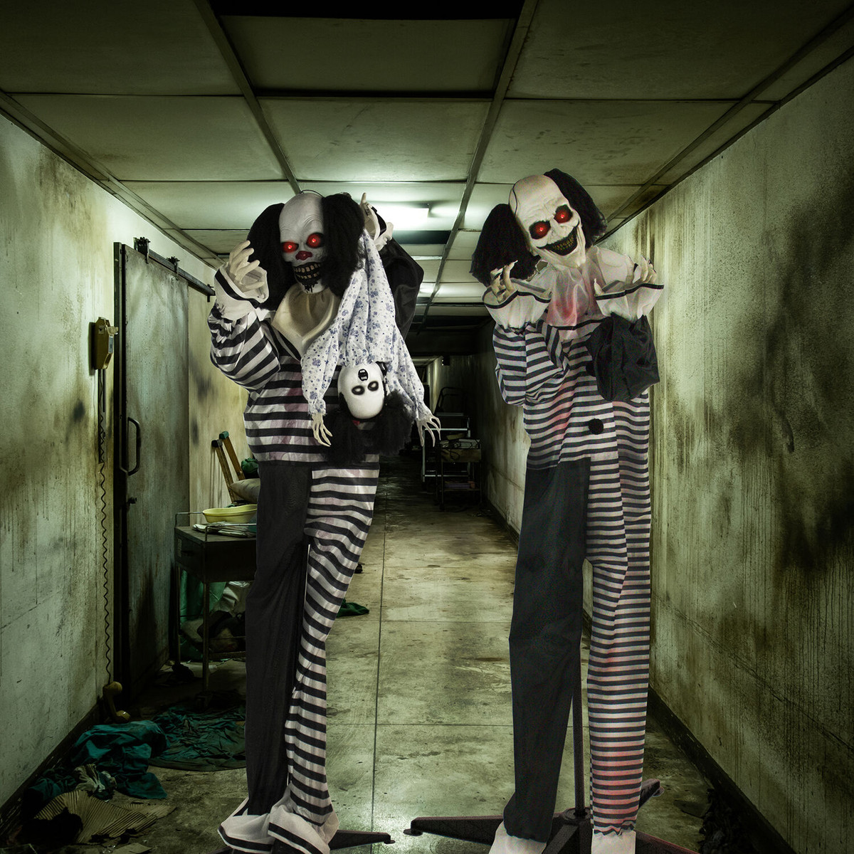 Haunted Hill Farm Life-Size Poseable Animatronic Clown with Red Flashing Eyes Fester