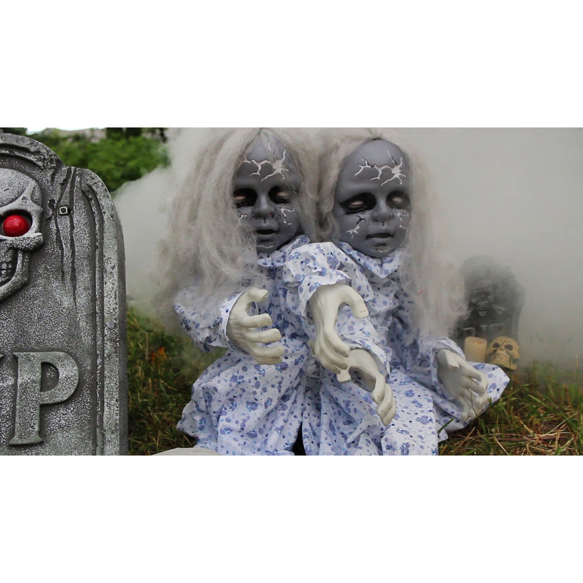 Haunted Hill Farm Groundbreaker Animotronic Zombie Twins with Flashing Red Eyes, 33 inches