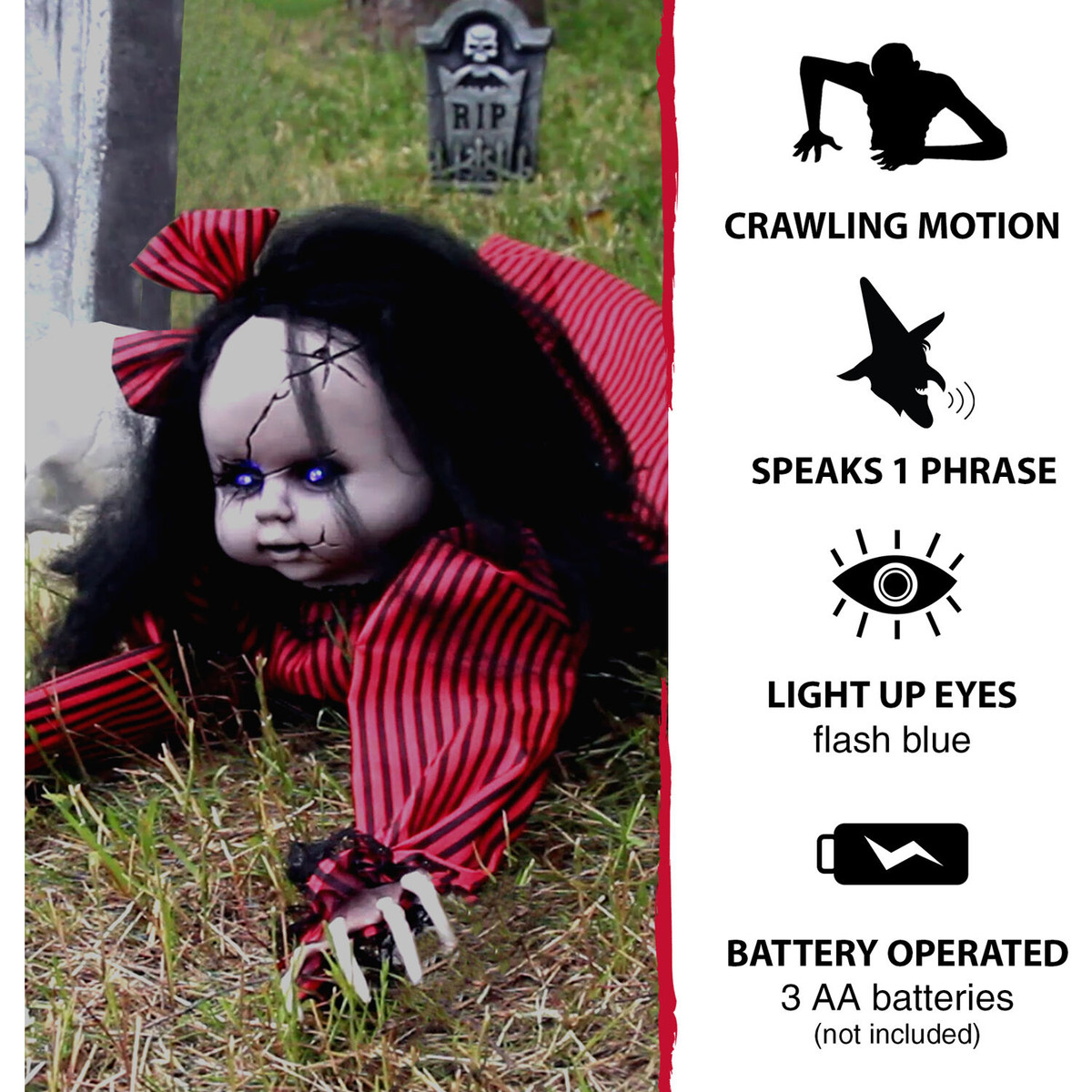 Haunted Hill Farm Animatronic Crawling Baby Doll with Light-up Blue Eyes, 44 inches