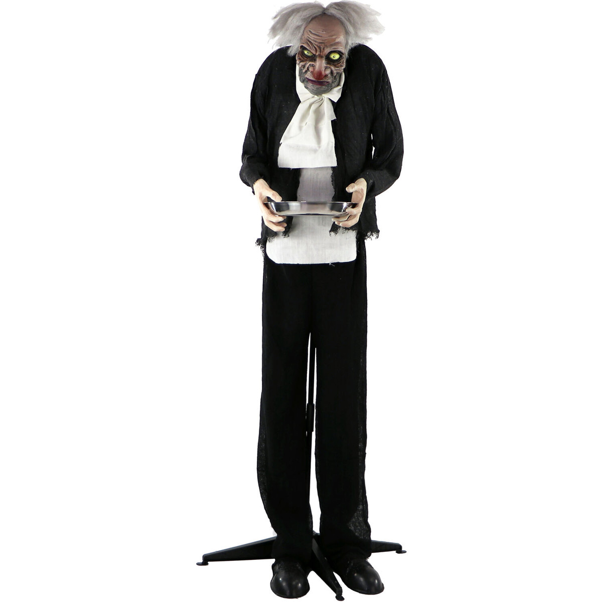 Haunted Hill Farm Life-Size Animatronic Moaning Butler Holding Silver Tray