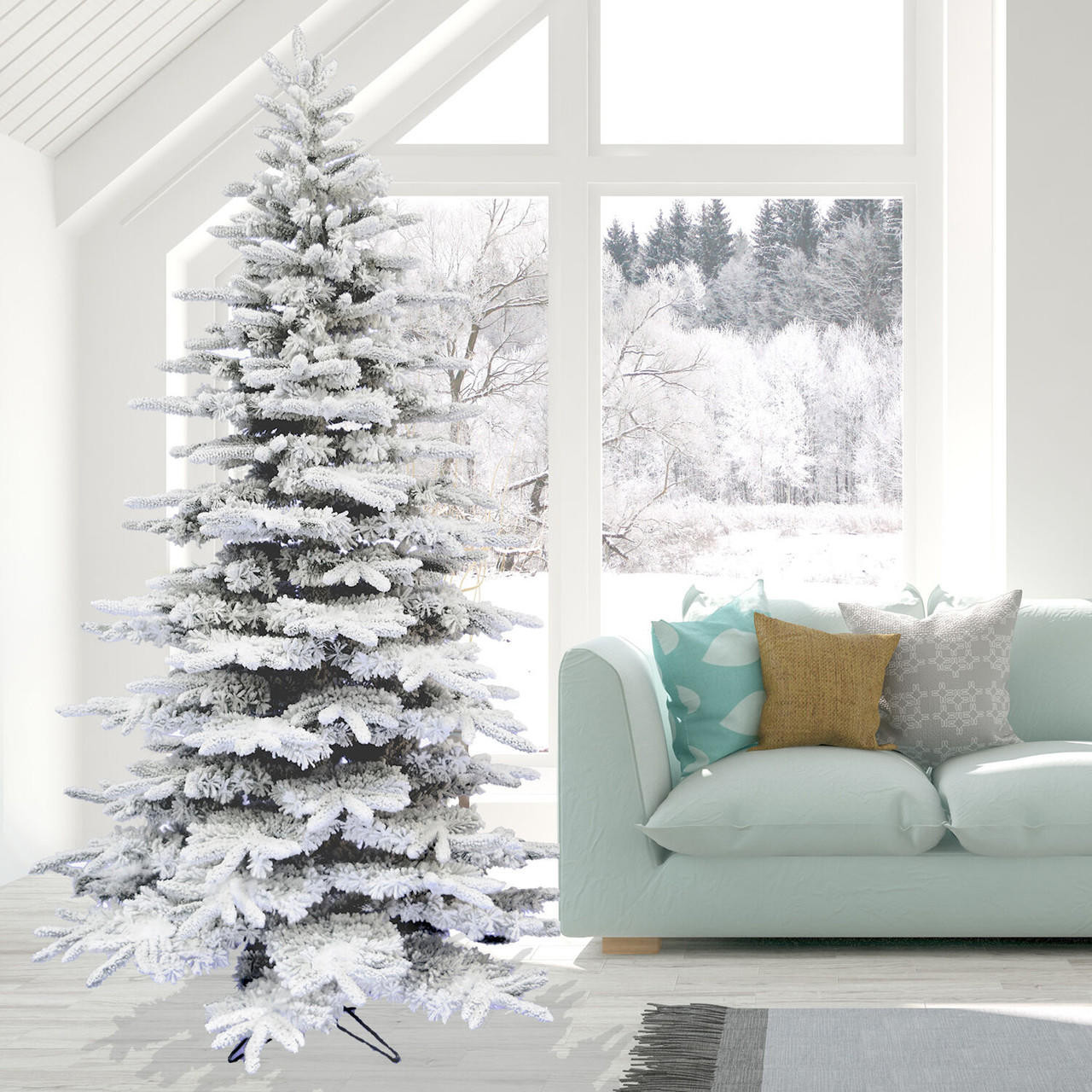 Mountain Pine Flocked Christmas Tree, Various Lighting and Size (10 ft