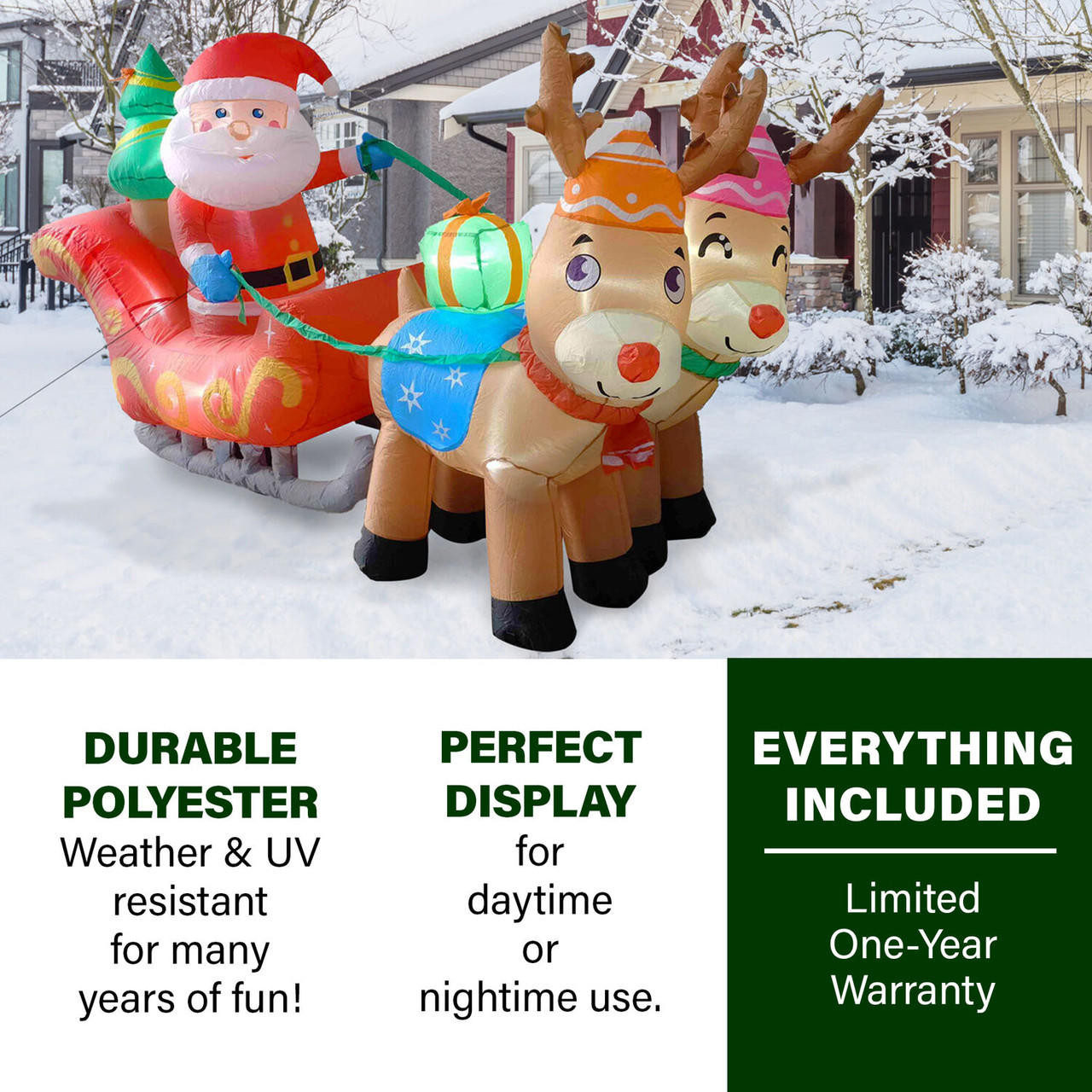 Fraser Hill Farm 7Ft. PreLit Inflatable Santa Sleigh and Reindeer