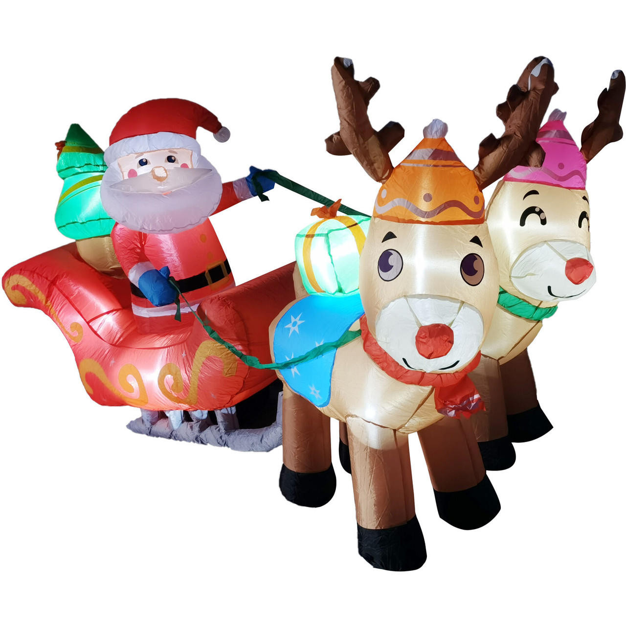 Fraser Hill Farm 7Ft. PreLit Inflatable Santa Sleigh and Reindeer