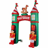 Fraser Hill Farm 10-Ft Tall Santas Toy Shop Archway with Toy Soldiers and Rocking Horse, Blow Up Inflatable with Lights and Storage Bag