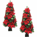 Fraser Hill Farm Set of 2, 4-Ft Christmas Porch Trees, Velvet Poinsettia Blooms and Leaf Accents, Various Lighting Options