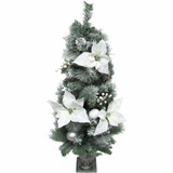 Fraser Hill Farm 4-Ft Christmas Frost Covered Porch Tree, White Poinsettia Blooms, Ornaments, and Pinecones, Various Lighting Options