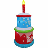 Fraser Hill Farm 6-Ft Tall Happy Birthday 2-Tier Cake with 1 Faux Candle, Blow Up Inflatable with Lights, Red/White/Blue