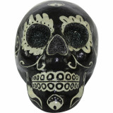 Haunted Hill Farm Haunted Hill Farm 5.5-in Black Sugar-Skull Inspired Day of the Dead Decorative Skull with White Accents and Silver Glitter, HHDODSKL-7S