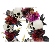 2-Ft. Halloween Wreath with Skulls, Fall Flowers, and Vines, Indoor/Covered Outdoor Halloween Decoration