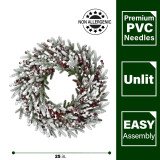  Fraser Hill Farm 25-In. Flocked Wreath Door or Wall Hanging - with Berries 