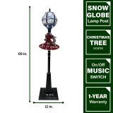 Fraser Hill Farm Let It Snow Series 69-In. Musical Snow Globe Lamp Post with Tree Scene, 2 Signs, Cascading Snow, and Christmas Carols, Black