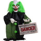 Haunted Hill Farm Troubles the Talking, Shaking, Mini Animatronic Clown with Light-Up Eyes and Danger Sign for Scary Halloween Decoration