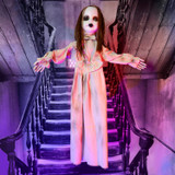 3.9-Ft. Floating, Talking Zombie Girl Animatronic with Blue Chest Light for Scary Hanging Halloween Decoration