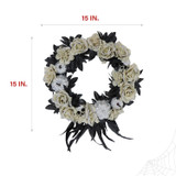 Haunted Hill Farm 15-In. Halloween Black and Silver Floral Wreath with Glitter Pumpkins and Skulls for Haunted House Hanging Decoration