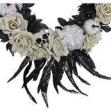 Haunted Hill Farm 15-In. Halloween Black and Silver Floral Wreath with Glitter Pumpkins and Skulls for Haunted House Hanging Decoration