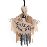 Haunted Hill Farm Danger McRibsey the Animatronic Skeleton Mummy Greeter with Banner and Folding Door Hook for Scary Halloween Decoration