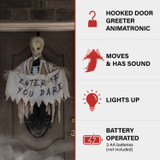 Haunted Hill Farm Danger McRibsey the Animatronic Skeleton Mummy Greeter with Banner and Folding Door Hook for Scary Halloween Decoration