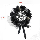 Haunted Hill Farm 15-In. Halloween Black and White Floral Wreath with Pumpkins, Skulls, and Spiderweb for Haunted House Hanging Decoration