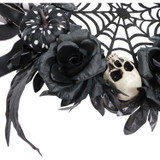 Haunted Hill Farm 15-In. Halloween Black and White Floral Wreath with Pumpkins, Skulls, and Spiderweb for Haunted House Hanging Decoration
