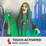 Haunted Hill Farm Marsha the Animatronic Shaking, Talking Voodoo Swamp Witch with Shrunken Skull Staff for Scary Halloween Decoration