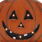 Haunted Hill Farm 13-In. Short Pumpkin Battery-Operated Wooden Centerpiece with Lights and Timer for Halloween Tabletop Decoration