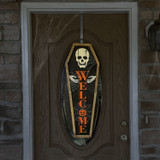 Haunted Hill Farm 33-In. Wood Coffin Welcome Sign with Folding Storage Hinges for Halloween Hanging Decoration
