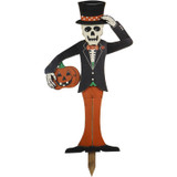 Haunted Hill Farm 46-In. Skeleton Holding a Carved Pumpkin Wood Yard Stake for Halloween Decoration