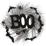 Haunted Hill Farm 15-In. White Twig Battery-Operated Wreath with LED Lights, Boo Sign, Bats, and Spiders for Halloween Door or Wall Decoration