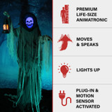 Haunted Hill Farm Motion-Activated Looming Phantom by SVI, Premium Talking Halloween Animatronic for Standing or Hanging, Plug-In