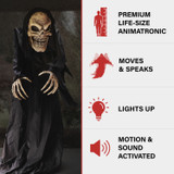Haunted Hill Farm Motion Activated Hunched Skeleton Reaper by Tekky, Premium Talking Halloween Animatronic, Plug-In or Battery