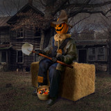 Haunted Hill Farm Motion Activated Smiling Jack the Sitting Scarecrow by Tekky, Premium Talking Halloween Animatronic, Plug-In or Battery