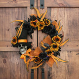 Haunted Hill Farm 17.7-In. Prelit Flower and Skull Wreath, Halloween Door or Wall Decoration, Battery Operated, Orange-Black-Purple