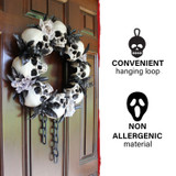 Haunted Hill Farm 15.7-In. Skulls and Chains Wreath, Halloween Door or Wall Decoration, White-Black-Gray