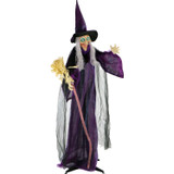 Haunted Hill Farm Sinthia the Animatronic Talking Witch with a Broomstick, Indoor or Covered Outdoor Halloween Decoration, Battery-Operated