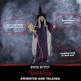 Haunted Hill Farm Sinthia the Animatronic Talking Witch with a Broomstick, Indoor or Covered Outdoor Halloween Decoration, Battery-Operated