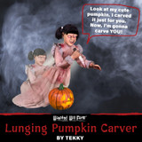 Haunted Hill Farm Motion Activated Lunging Pumpkin Carver Zombie Girl by Tekky, Premium Talking Halloween Animatronic, Plug-In or Battery