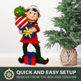 Fraser Hill Farm 30-inch Elf Figurine Holding Presents with Built-in Multicolor LED Lights