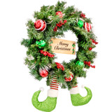 Fraser Hill Farm 24-Inch Elf Boots Pine Wreath with Berries, Balls, and Merry Christmas Sign