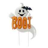 2-Ft. LED White Happy Halloween Sign with Ghosts & Stake for Indoors & Covered Outdoors, (2 AA)