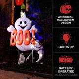2-Ft. LED White Happy Halloween Sign with Ghosts & Stake for Indoors & Covered Outdoors, (2 AA)