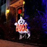 2-Ft. LED White Happy Halloween Sign with Ghosts & Stake for Indoors & Covered Outdoors, (2 AA)