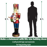 Fraser Hill Farm Indoor/Outdoor Oversized Christmas Decor, 5-Ft. Nutcracker Playing Bass Drum w/ Moving Hands, Music, Timer, and 15 LED Lights