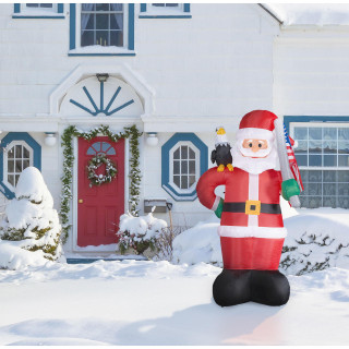 Fraser Hill Farm 8-Ft Tall Americana Santa w/ a Bald Eagle, American Flag, Inflatable w/ Lights, Storage Bag