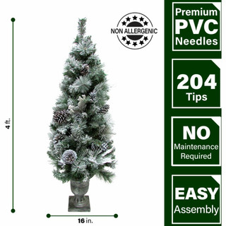 Fraser Hill Farm Set of 2, 4-Ft Christmas Snow Flocked Porch Trees with Oversized Pinecones, Various Lighting Options