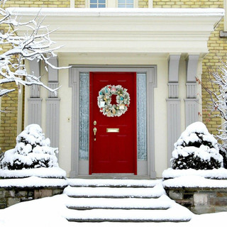 Fraser Hill Farm 24-in Christmas Snowy Wreath Door Hanging with Ornaments, Wood Houses, and Trees